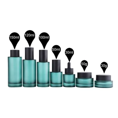 Sets de frascos y botellas cosméticas en color verde azulado esmerilado (tónico, loción, sérum)
